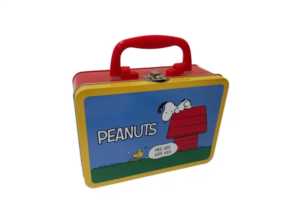 Boîte de fer blanc de valise de forme rectangulaire avec poignée en plastique boîte à déjeuner en métal personnalisée avec serrure et boîte de fer blanc de poignée de clé